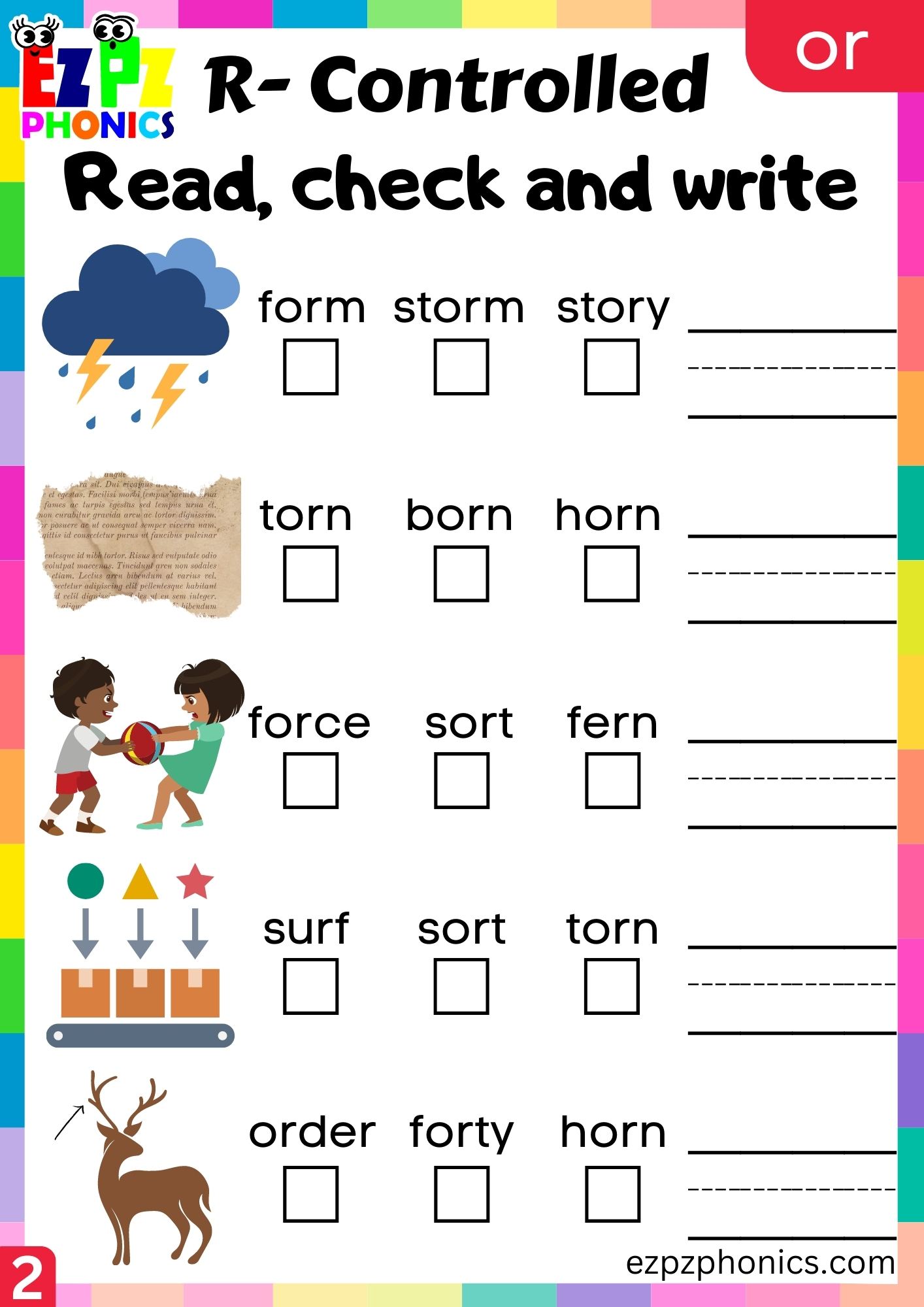 Read check and write worksheet for or words R Controlled Vowels Phonics group 2